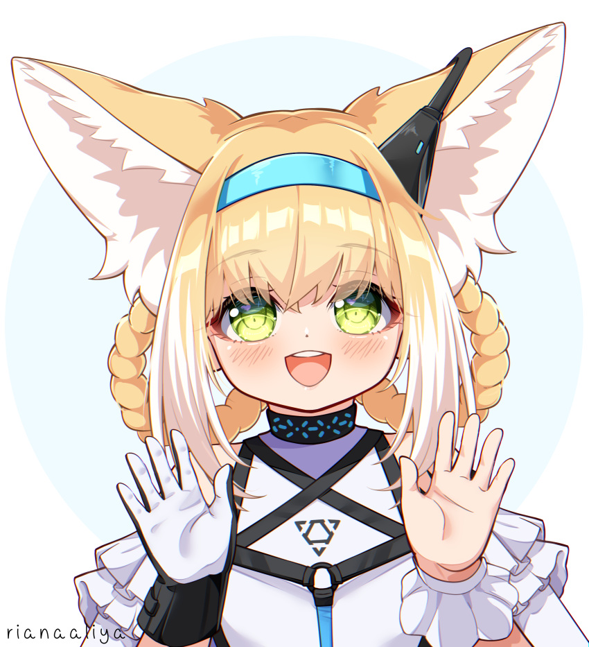 1girl absurdres animal_ear_fluff animal_ears arknights bare_shoulders black_collar black_gloves blonde_hair blue_hairband blush braid braided_hair_rings collar colored_tips commentary earpiece fox_ears fox_girl frilled_sleeves frills gloves green_eyes hair_rings hairband hands_up highres infection_monitor_(arknights) looking_at_viewer multicolored_hair mydeviant open_mouth short_sleeves signature single_glove single_wrist_cuff solo suzuran_(arknights) teeth twin_braids two-tone_gloves two-tone_hair upper_body upper_teeth_only white_gloves white_hair wrist_cuffs