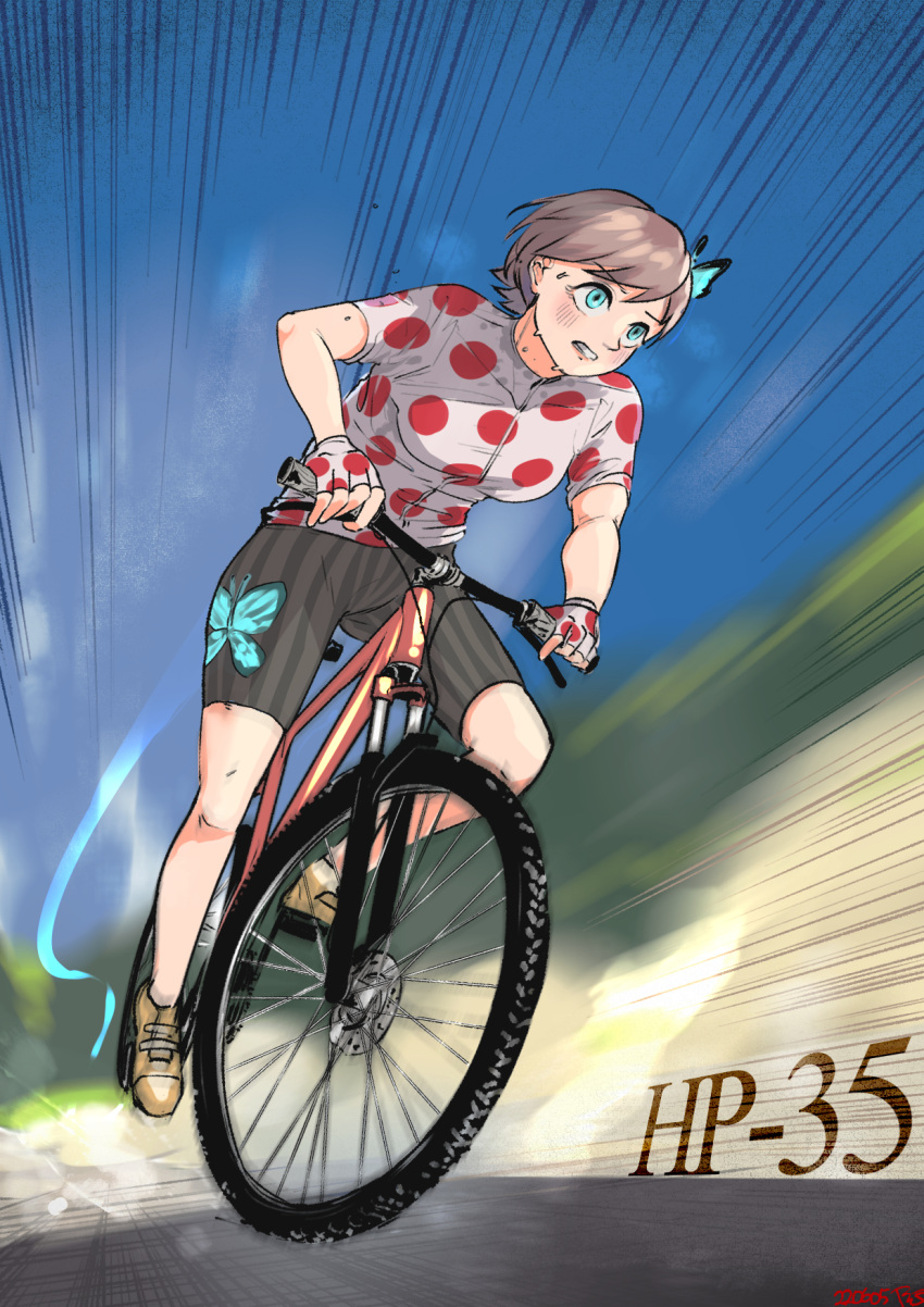 1girl alternate_costume bicycle blue_eyes brown_hair cycling_uniform emphasis_lines girls_frontline highres hp-35_(girls'_frontline) radish_p riding riding_bicycle short_hair