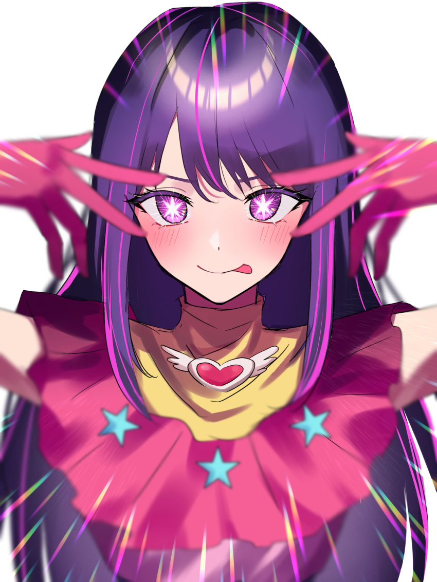 1girl absurdres blush closed_mouth commentary dress gloves hair_between_eyes highres hoshino_ai's_pose hoshino_ai_(oshi_no_ko) idol idol_clothes lens_flare long_hair looking_at_viewer oshi_no_ko pink_gloves purple_hair sidelocks simple_background solo star-shaped_pupils star_(symbol) symbol-shaped_pupils tongue tongue_out tsukuno_tsuki turtleneck_dress upper_body violet_eyes white_background