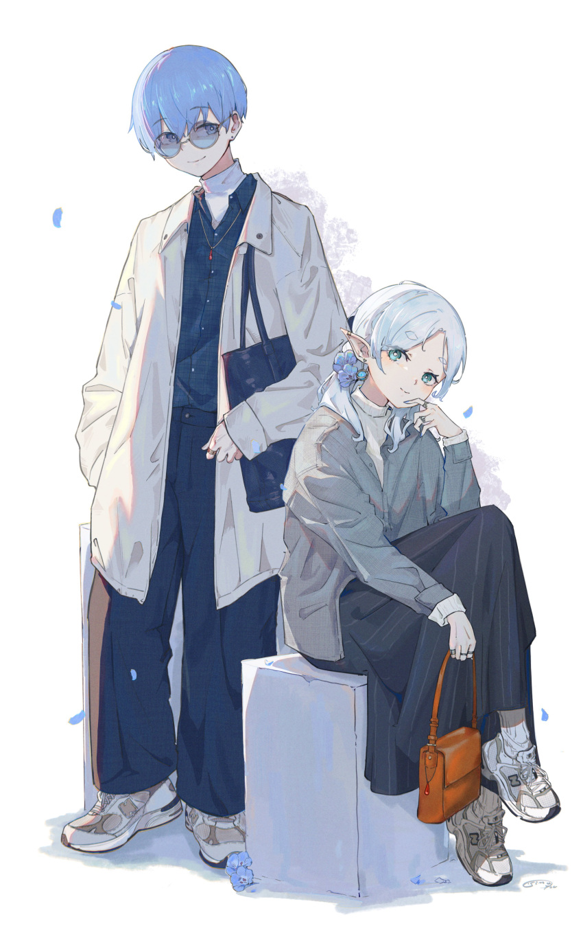 1boy 1girl absurdres bag blue_eyes blue_hair blue_shirt blue_skirt cardigan coat contemporary frieren grey_cardigan highres holding holding_bag long_sleeves looking_at_viewer low_ponytail petals pointy_ears round_eyewear shirt shoes simple_background simuyutou sitting skirt sneakers sousou_no_frieren sunglasses white_background white_coat