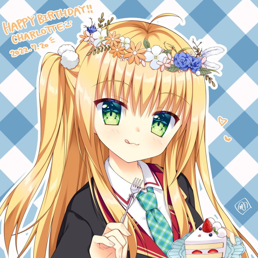 1girl 2022 :3 ahoge ambitious_mission black_jacket blonde_hair blush cake cake_slice character_name charlotte_di_curvehorn_yeatz checkered_background closed_mouth collared_shirt commentary dated eyes_visible_through_hair flower_wreath food fork fruit green_eyes hair_between_eyes hair_ornament hanesaki_seika happy happy_birthday head_tilt head_wreath heart highres holding holding_fork holding_plate jacket licking_lips long_hair looking_at_viewer necktie official_art pinky_out plaid_necktie plate pom_pom_(clothes) pom_pom_hair_ornament school_uniform shirt sidelocks signature simple_background smile solo straight_hair strawberry tongue tongue_out two_side_up white_shirt
