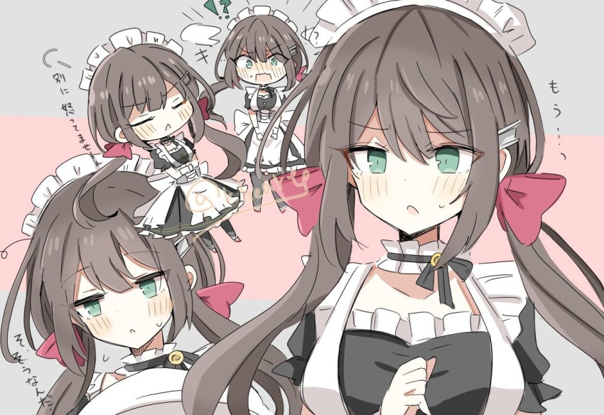 !? 1girl apron azukimame azur_lane blush brown_hair chibi glasgow_(azur_lane) gloves green_eyes hair_ribbon juliet_sleeves long_hair long_sleeves looking_at_viewer low_twintails maid maid_headdress parted_lips puffy_sleeves red_ribbon ribbon short_sleeves simple_background sketch solo sweatdrop translation_request twintails twitter_username white_apron white_gloves