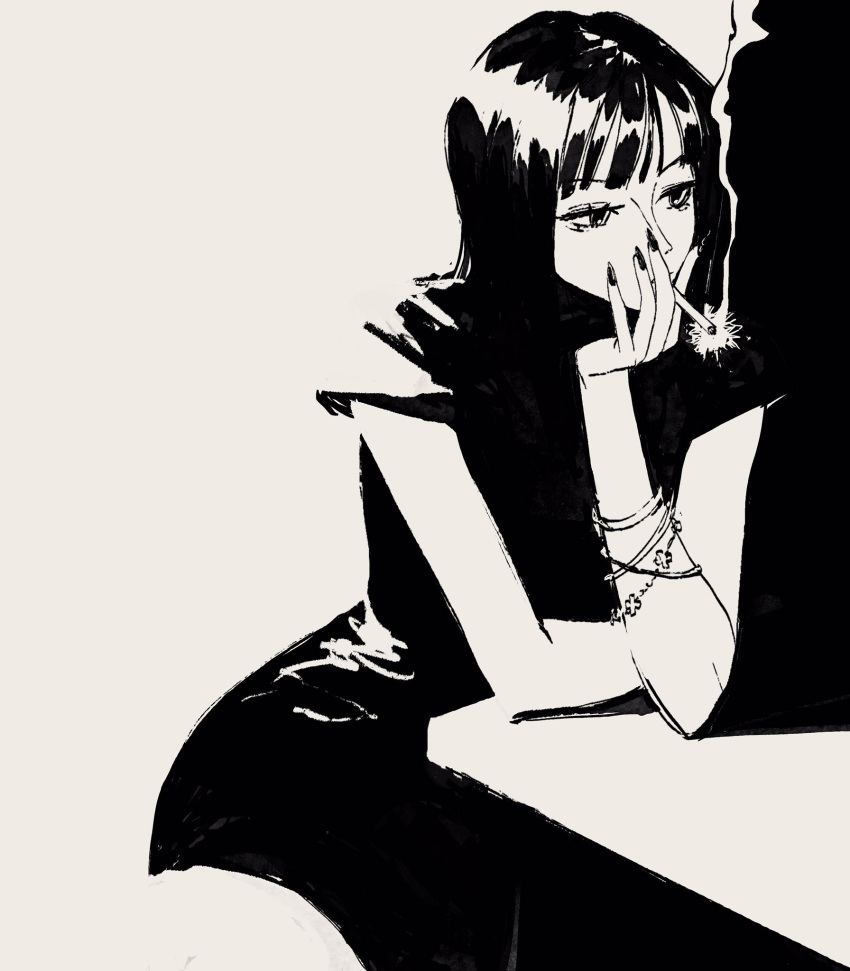 1girl blunt_bangs bracelet cigarette commentary dress edvelvet english_commentary fingernails greyscale highres holding holding_cigarette jewelry looking_to_the_side medium_hair monochrome nico_robin one_piece simple_background smoke solo table white_background