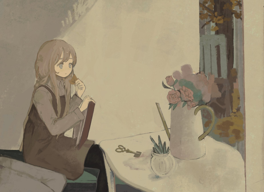 1girl black_pantyhose brown_dress brown_hair chisato_charme closed_mouth dress expressionless feet_out_of_frame flower flower_pot from_side grey_eyes grey_shirt highres holding holding_leaf holding_sketchbook indoors leaf long_hair long_sleeves looking_ahead open_door original pantyhose pinafore_dress pink_flower pink_rose plant potted_plant rose scissors shirt sidelocks sitting sketchbook sleeveless sleeveless_dress solo table teapot tree
