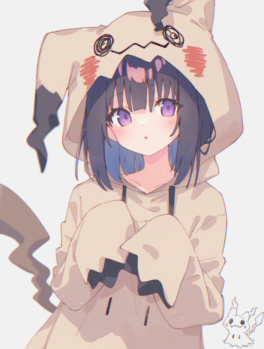 1girl black_hair blush commentary_request highres hood hood_up hoodie korean_commentary looking_at_viewer medium_hair mimikyu miro_(tae00) parted_lips personification pokemon pokemon_ears pokemon_tail sleeves_past_fingers sleeves_past_wrists solo tail tassel upper_body violet_eyes white_background yellow_hoodie