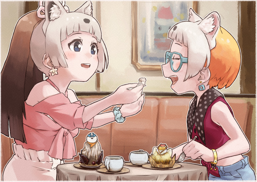 2girls animal_ear_fluff animal_ears bare_shoulders black_hair blush border brown_hair cake clothing_cutout contemporary extra_ears facing_another feeding food fork glasses highres holding holding_fork indoors japanese_marten_(kemono_friends) kemono_friends long_hair looking_at_another multicolored_hair multiple_girls official_alternate_costume open_clothes open_mouth orange_hair sable_(kemono_friends) scrunchie shirt shoulder_cutout sitting sleeveless smile table toriny violet_eyes white_border white_hair wrist_scrunchie