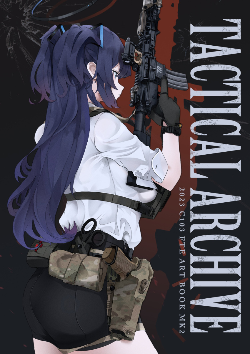 1girl absurdres ass black_gloves black_shorts blue_archive breasts camouflage commentary_request english_text fte_(fifteen_199) gloves highres holster long_hair purple_hair shirt shorts solo thigh_holster trigger_discipline twintails white_shirt woodland_camouflage yuuka_(blue_archive)