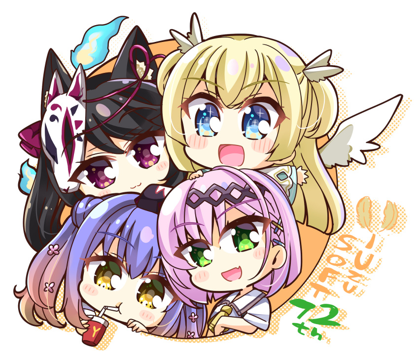 4girls :3 :d :t angel angel_wings animal_ear_fluff animal_ears black_hair blue_eyes blue_hair blunt_ends blush blush_stickers bob_cut chibi close-up closed_mouth commentary_request company_name cup drinking drinking_straw eyelashes eyes_visible_through_hair fang flower fox_mask gradient_hair hair_between_eyes hair_flower hair_ornament hairclip happy highres hitodama holding holding_cup hoshikawa_kaguya kohibari_kurumi looking_at_viewer mask mask_on_head multicolored_hair multiple_girls neckerchief open_mouth pink_flower pink_hair school_uniform shirayuki_noa shiroimaru shirt short_hair short_sleeves side_ponytail sidelocks simple_background skin_fang smile sparkling_eyes tanikaze_amane tenshi_souzou_re-boot! twintails two_side_up violet_eyes waving white_background white_shirt wing_hair_ornament wings x_hair_ornament yellow_eyes yellow_neckerchief