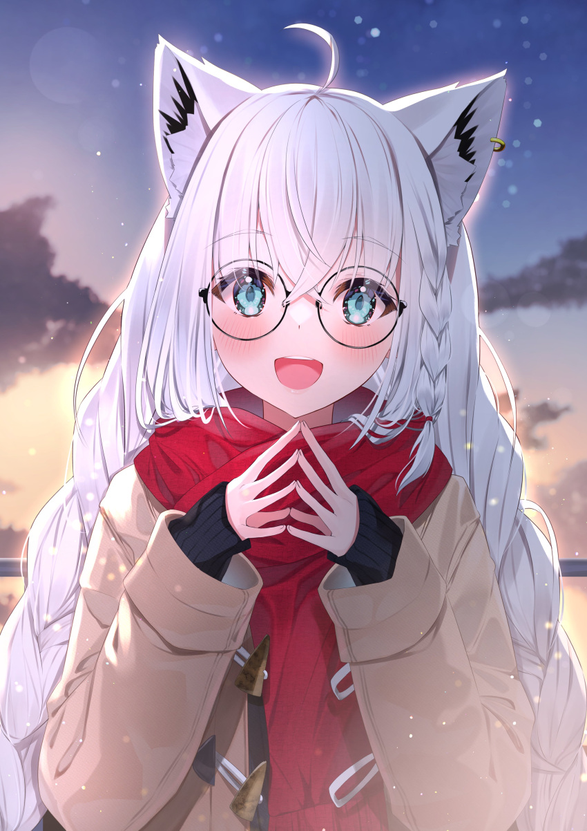 1girl :d absurdres ahoge alternate_costume animal_ear_fluff animal_ears aqua_eyes black_sweater borumete brown_coat clouds coat commentary_request dawn earrings fox_ears fox_girl glasses hair_between_eyes highres hololive jewelry long_hair looking_at_viewer open_mouth red_scarf round_eyewear scarf shirakami_fubuki single_earring sky smile solo steepled_fingers sweater teeth tri_braids upper_body upper_teeth_only virtual_youtuber white_hair
