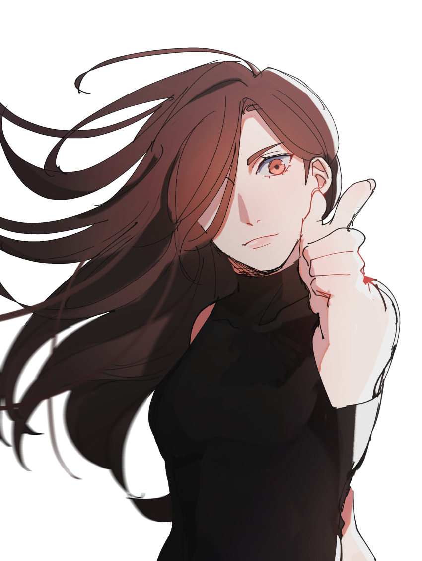 1girl a3! absurdres black_shirt brown_hair commentary english_commentary hair_over_one_eye highres light_smile long_hair looking_at_viewer oratoza pointing pointing_at_viewer shirt simple_background sleeveless sleeveless_shirt solo tachibana_izumi_(a3!) turtleneck upper_body white_background