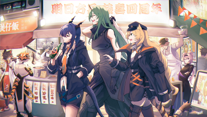 4boys 5girls aak_(arknights) animal_ear_fluff animal_ears annoyed apron arknights awning bear_boy bear_ears beer_bottle beret black_apron black_dress black_hair black_headwear black_jacket black_pants black_shirt black_shorts black_thighhighs blue_eyes blue_hair bottle bowl breasts brown_hair building capelet ch'en_(arknights) chinese_clothes coat collared_shirt commentary cooking_pot crossed_arms dragon_girl dragon_horns dress ears_through_headwear facing_away feet_out_of_frame furry furry_female furry_male green_hair grey_hair grey_shirt hair_over_one_eye hat highres holding holding_bottle holding_bowl holding_ladle hood hooded_coat horns hoshiguma_(arknights) jacket jaye_(arknights) ladle lin_(arknights) long_hair mixed-language_commentary mouse_ears mouse_girl multiple_boys multiple_girls necktie open_mouth orange_necktie outdoors pants parted_lips peppsi_(saba_sabasuk0) pink_hair red_eyes red_shirt shirt short_sleeves shorts sign single_horn sleeveless sleeveless_shirt string_of_flags striped_fur swire_(arknights) thigh-highs waai_fu_(arknights) walking white_apron white_capelet white_coat white_pants white_shirt