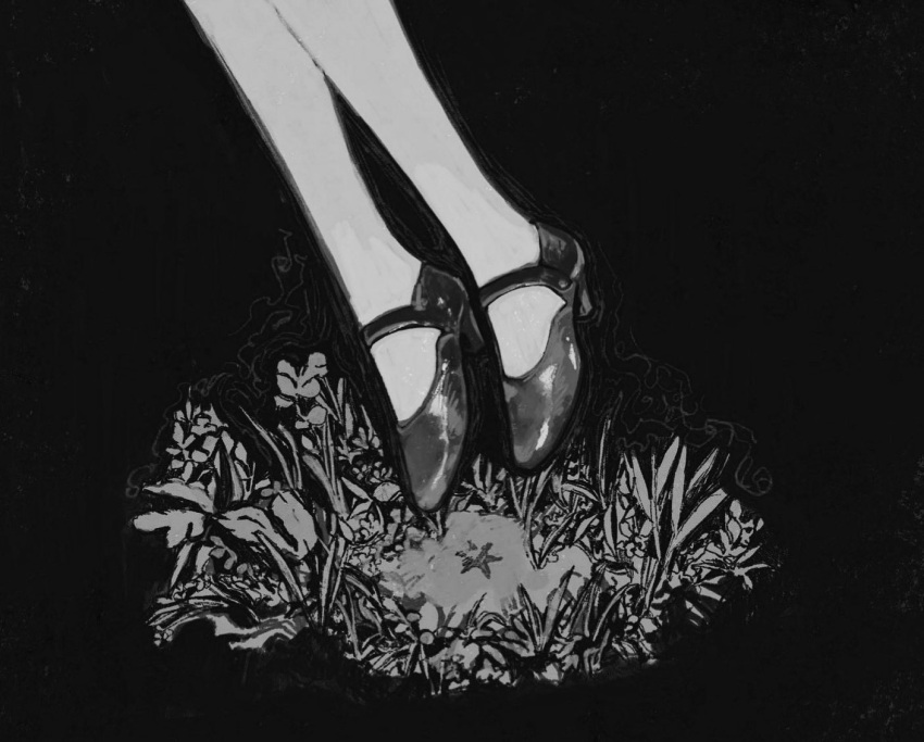 1girl chisato_charme floating footwear_focus grass greyscale high_heels lower_body monochrome original pantyhose plant simple_background solo star_(symbol)