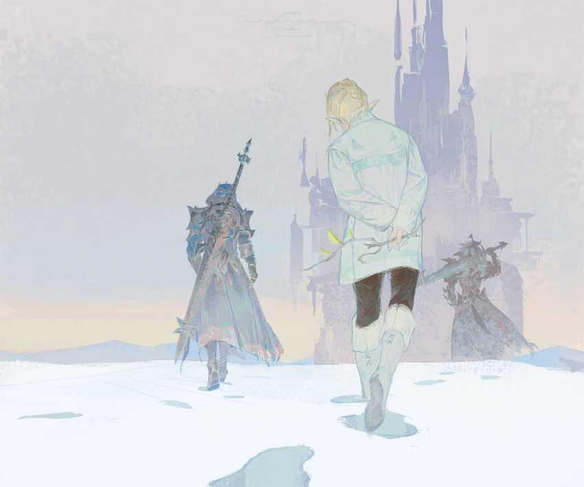 1girl 2boys armor arms_behind_back au_ra black_footwear black_pants black_robe blonde_hair blue_sky boots braid building city collared_jacket commentary_request dark_knight_(final_fantasy) day elezen elf facing_away final_fantasy final_fantasy_xiv footprints fray_myste from_behind full_armor gauntlets greatsword highres holding holding_wand jacket knee_boots long_sleeves luckyia mountainous_horizon multiple_boys outdoors over_shoulder pants pauldrons pointy_ears rielle_de_caulignont robe short_hair shoulder_armor sidurgu_orl single_braid sky snow spire sword walking wand weapon weapon_on_back weapon_over_shoulder white_footwear white_jacket
