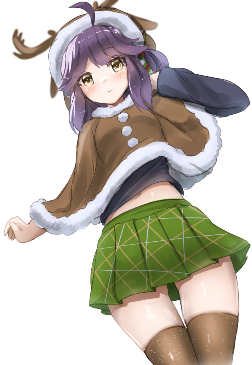 1girl ahoge animal_ears animal_hood antlers black_shirt brown_capelet brown_thighhighs capelet cowboy_shot deer_antlers deer_ears dress fake_animal_ears fake_antlers fur-trimmed_capelet fur_trim green_skirt hayanami_(kancolle) highres hood kantai_collection looking_at_viewer official_alternate_costume one-hour_drawing_challenge pleated_dress ponytail purple_hair redundant-cat reindeer_antlers reindeer_hood shirt short_hair sidelocks simple_background skirt solo standing thigh-highs white_background yellow_eyes