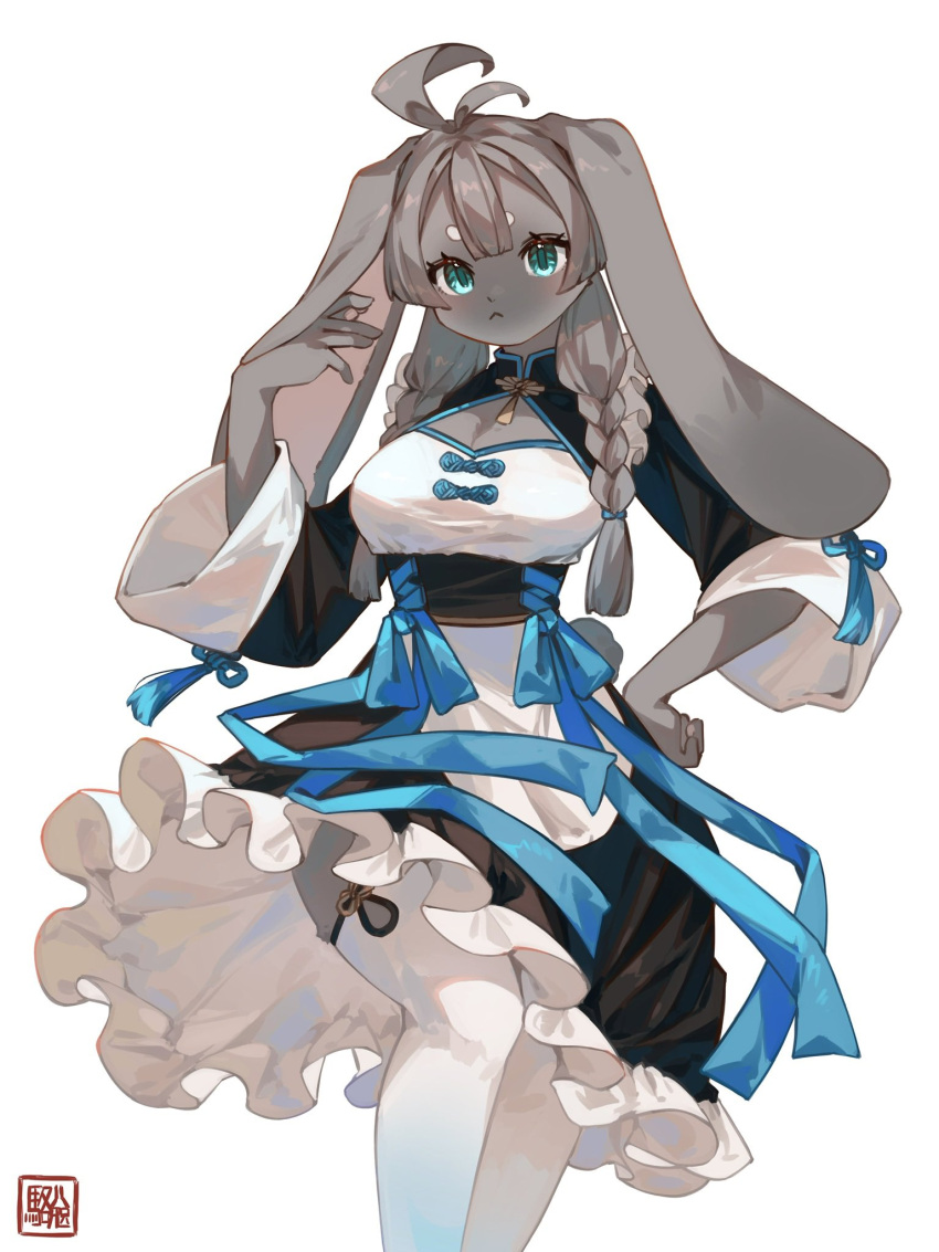 1girl :&lt; animal_ears antenna_hair apron aqua_eyes artist_name black_skirt blue_ribbon blunt_bangs braid brown_hair cleavage_cutout clothing_cutout collared_shrug commentary expressionless feet_out_of_frame floppy_ears frilled_skirt frills furry furry_female hand_on_own_hip hand_up highres hikimayu kawarage_yatano long_hair looking_at_viewer maid original qi_maid rabbit_ears rabbit_girl rabbit_tail ribbon shrug_(clothing) side_braids simple_background skirt solo standing tail tassel thigh-highs twin_braids white_apron white_background white_thighhighs wide_sleeves