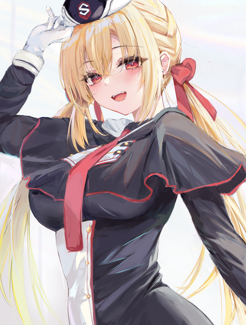 1girl :d absurdres adjusting_clothes adjusting_headwear arihara_nanami arm_at_side arm_up black_capelet black_headwear black_shirt blonde_hair blush bow braid breasts bright_pupils capelet chinese_commentary commentary_request crossed_bangs eyelashes eyes_visible_through_hair fang garrison_cap gloves hair_between_eyes hair_bow hair_ribbon hand_up hat highres impossible_clothes long_hair looking_at_viewer low_twintails lshiki medium_breasts necktie open_mouth red_bow red_eyes red_necktie red_ribbon ribbon riddle_joker shirt side_braid simple_background smile solo teeth tsurime twintails upper_body upper_teeth_only very_long_hair white_background white_gloves