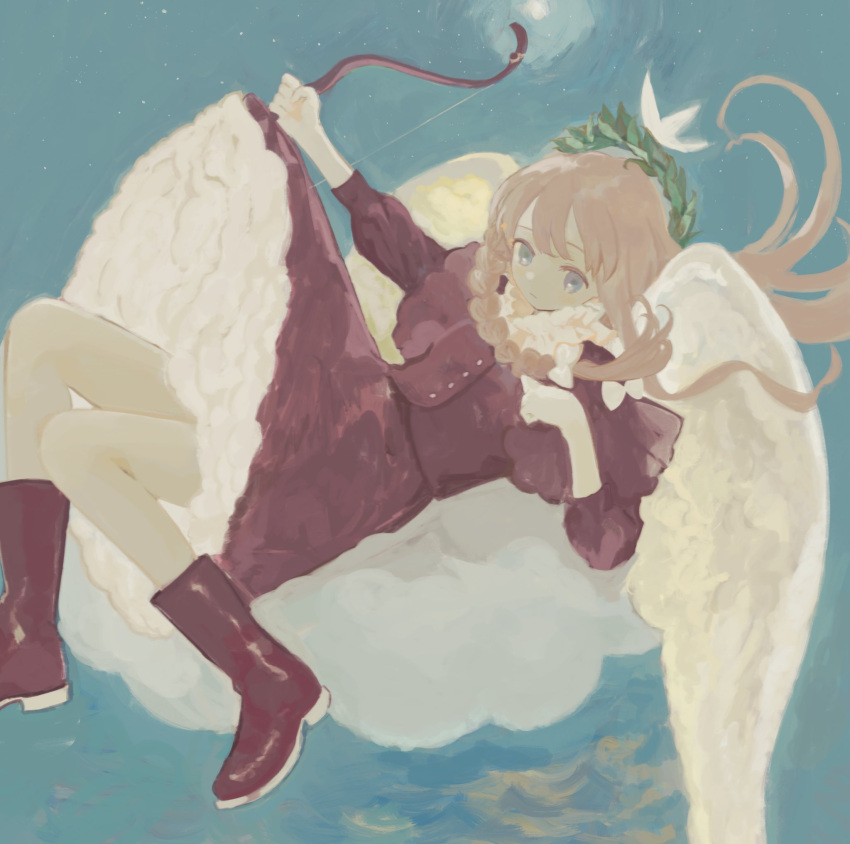 1girl angel_wings blue_eyes blue_sky boots bow bow_(weapon) braid brown_hair chisato_charme dress feathered_wings floating_hair frilled_shirt_collar frills full_body full_moon hair_bow highres holding holding_bow_(weapon) holding_weapon knee_boots laurel_crown long_hair long_sleeves looking_at_viewer midair moon original outstretched_arm petticoat red_dress red_footwear side_braid sky solo star_(sky) starry_sky weapon white_bow white_wings wings