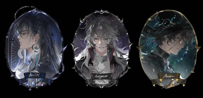 3boys absurdres amon_(lord_of_the_mysteries) angel animal_ears antigonus_(lord_of_the_mysteries) black_background black_eyes black_hair black_robe blue_eyes brooch character_name chinese_commentary clock closed_eyes commentary_request crescent_moon earrings facing_viewer grey_hair halo hat highres huixingweiqi jacket jewelry lips long_hair looking_ahead looking_at_viewer looking_to_the_side lord_of_the_mysteries monocle moon mr._door multiple_boys parted_lips picture_frame portrait robe shaded_face shirt short_hair simple_background sleeping string teeth white_shirt wizard_hat wolf_boy wolf_ears