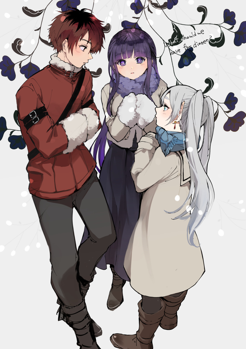 1boy 2girls absurdres black_hair black_pantyhose blue_flower blue_hair blue_scarf blunt_bangs blush boots coat earrings english_text facing_another fern_(sousou_no_frieren) flower frieren full_body grey_hair hair_between_eyes hana_(h6n6_matsu) highres jewelry long_coat long_hair long_sleeves looking_at_another looking_at_viewer multicolored_hair multiple_girls own_hands_together pantyhose parted_lips pointy_ears purple_hair purple_scarf redhead scarf short_hair sketch skirt sousou_no_frieren standing stark_(sousou_no_frieren) twintails two-tone_hair violet_eyes white_background winter_clothes winter_coat