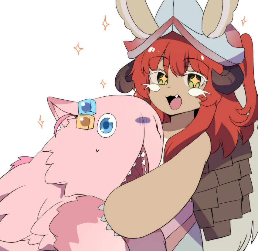 +_+ 2girls absurdres ahoge animal_ears bocchi_the_rock! body_fur brown_fur commentary cube_hair_ornament detached_ahoge duplicate ears_through_headwear fake_horns furry furry_other gotoh_hitori hair_ornament helmet highres hinghoi horizontal_pupils horned_helmet horns kita_ikuyo long_hair made_in_abyss mitty_(made_in_abyss) multiple_girls nanachi_(made_in_abyss) one_side_up puffy_pants redhead side_ahoge smile topless whiskers