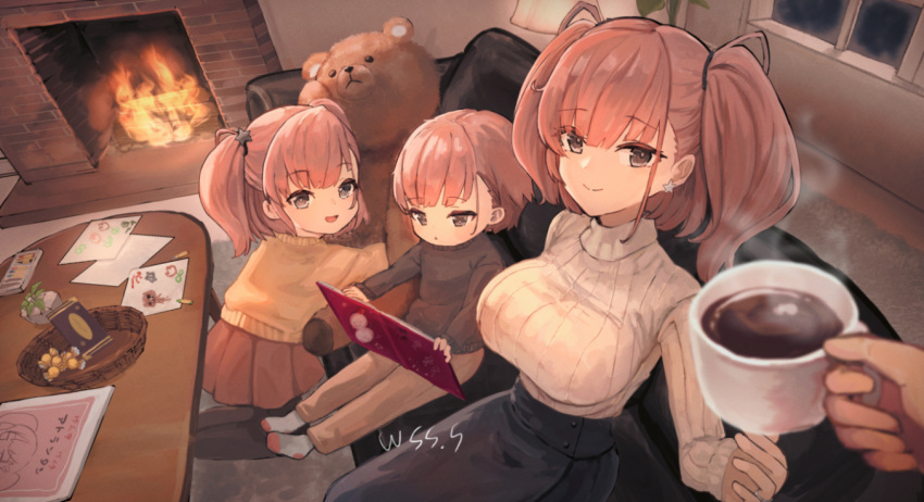1boy 1other 2girls atlanta_(kancolle) basket black_shirt black_skirt blush breasts brown_hair brown_pants carpet child's_drawing closed_mouth coffee commission couch crayon cup earrings fire furnace grey_eyes holding holding_cup indoors jewelry kantai_collection large_breasts long_hair long_sleeves looking_at_viewer multiple_girls multiple_persona open_mouth orange_skirt pants paper parted_lips pleated_skirt ribbed_sweater shirt short_hair single_earring sitting skeb_commission skirt smile star_(symbol) star_earrings stuffed_animal stuffed_toy sweater teddy_bear two_side_up white_sweater wss_(nicoseiga19993411) yellow_sweater
