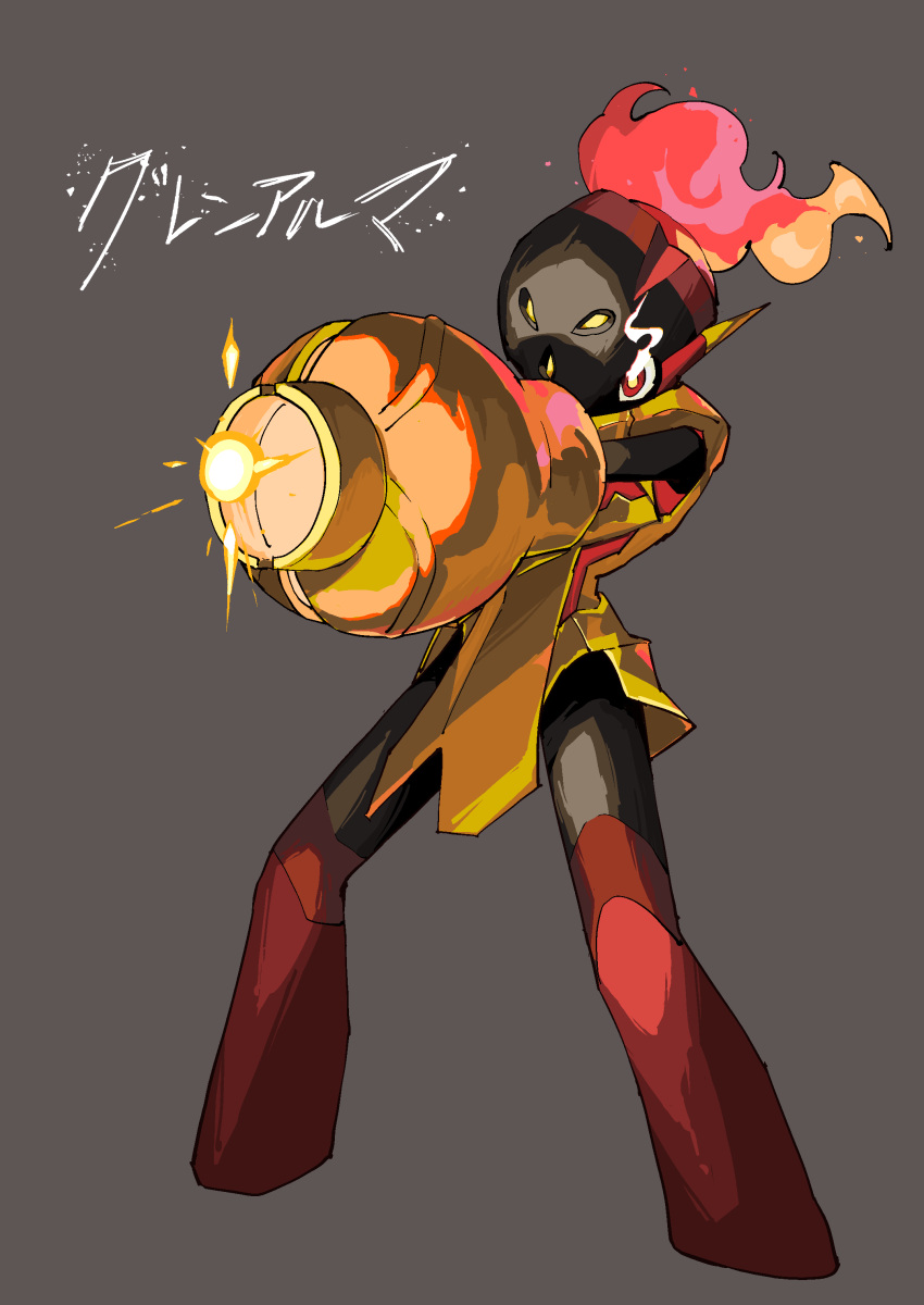 1other absurdres aiming arm_cannon arm_up armarouge armor black_headwear black_skin breastplate character_name colored_skin commentary eye_trail fiery_hair fire full_body grey_background helmet high_ponytail highres himurohiromu legs legs_apart light_trail multicolored_hair multicolored_skin orange_hair other_focus outstretched_arm pelvic_curtain pokemon pokemon_(creature) powering_up red_eyes red_skin redhead short_hair simple_background solo standing translated two-tone_hair two-tone_skin weapon yellow_armor yellow_pupils