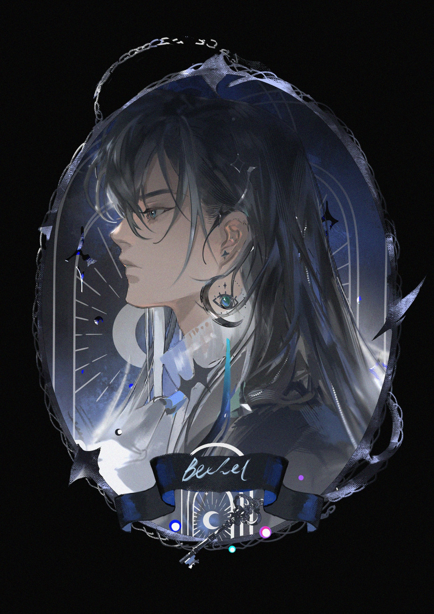 1boy angel black_background black_hair black_jacket blue_eyes character_name chinese_commentary commentary_request crescent_moon earrings halo highres huixingweiqi jacket jewelry lips long_hair looking_ahead lord_of_the_mysteries moon mr._door picture_frame shirt simple_background solo white_shirt
