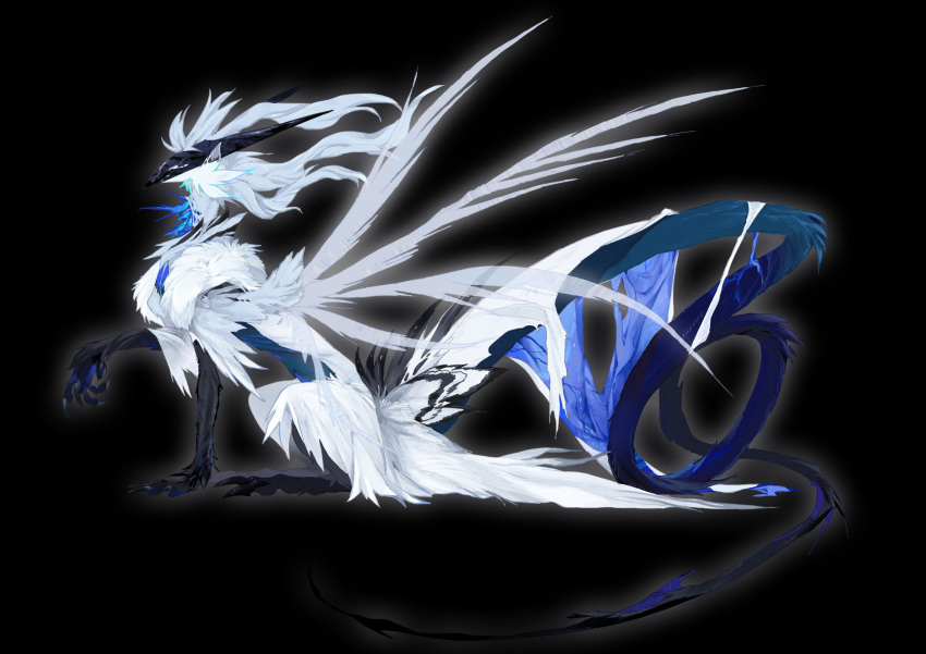 absurdres animal_focus black_background claws commentary deepsea9013 feathered_wings from_side full_body hand_up highres horns monster multiple_wings no_humans original outline profile simple_background sitting solo symbol-only_commentary tail talons white_outline white_wings wings