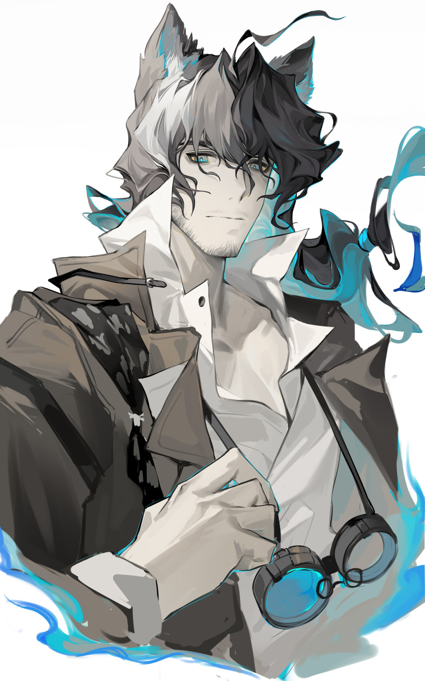 1boy absurdres animal_ears arknights beard_stubble bishounen blue_fire bright_pupils character_request cropped_torso expressionless fiery_hair fire fox_ears goggles goggles_around_neck grey_hair highres looking_at_viewer male_focus multicolored_hair mustache_stubble partially_unbuttoned solo sparse_stubble streaked_hair thick_eyebrows white_pupils yaoyaore