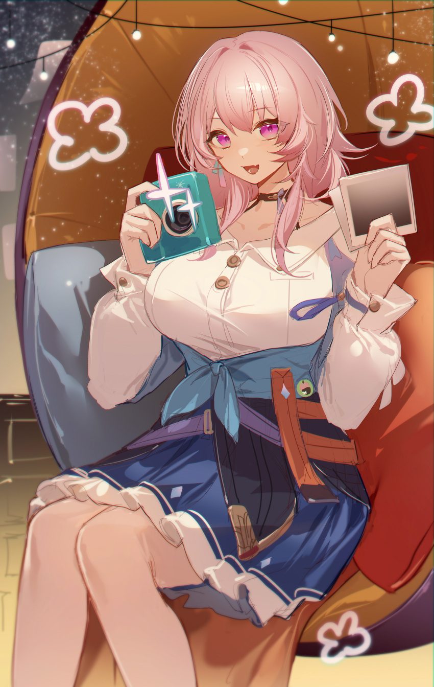 1girl absurdres black_choker black_corset blue_jacket blue_skirt breasts camera choker collarbone collared_shirt corset couch cowboy_shot cushion earrings egg_chair fang flower_(symbol) hands_up highres holding holding_camera holding_photo honkai:_star_rail honkai_(series) jacket jewelry large_breasts long_sleeves looking_at_viewer march_7th_(honkai:_star_rail) medium_hair on_couch open_mouth photo_(object) pink_eyes pink_hair shibuya_(kurokamishain) shirt sidelocks single_earring sitting skirt solo tied_jacket white_shirt