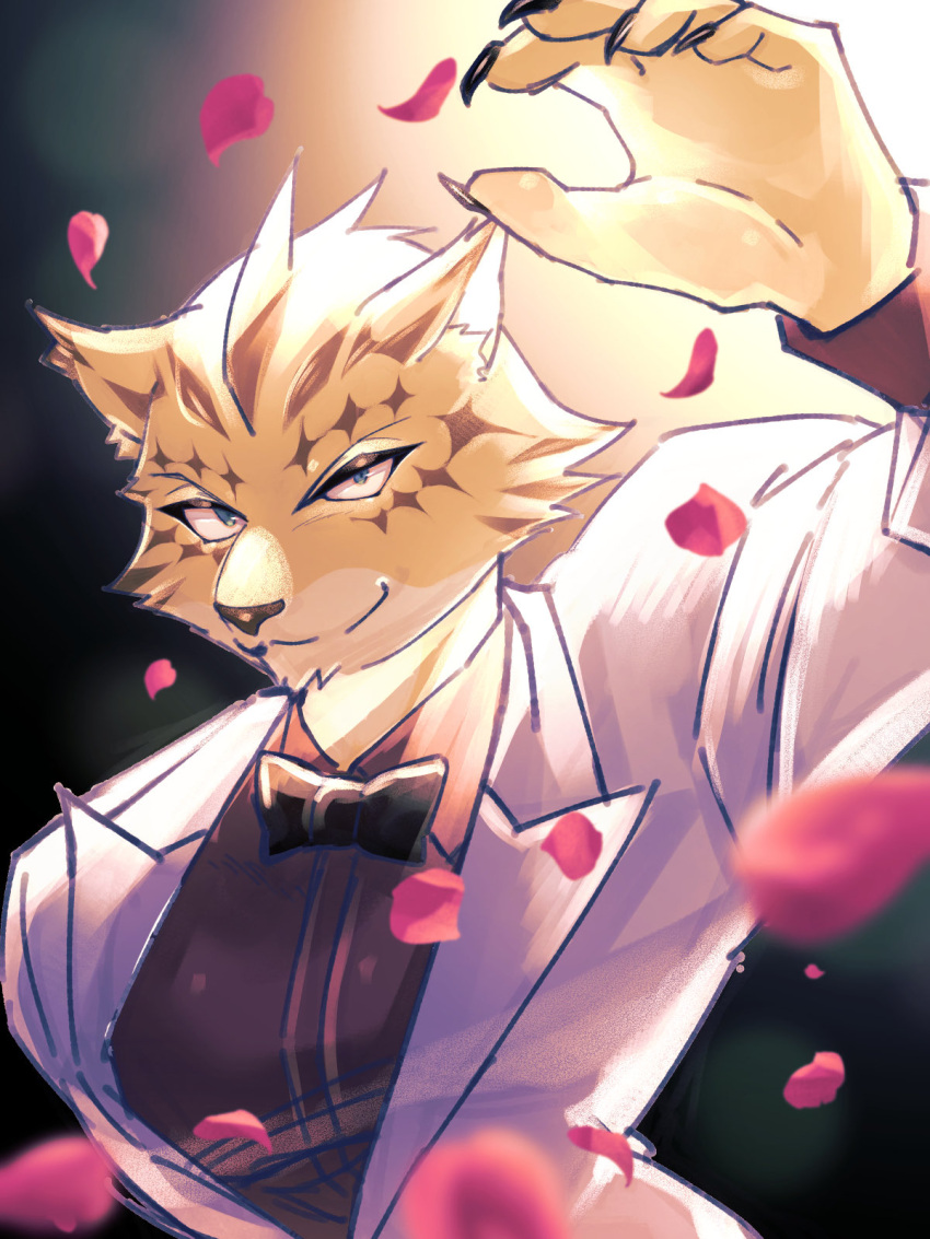 1boy black_bow black_bowtie blurry blurry_background bow bowtie brown_fur collared_shirt falling_petals fingernails furry furry_male highres jacket looking_at_viewer male_focus multicolored_fur ose_(housamo) panther_boy panther_ears petals satou_shouhei sharp_fingernails shirt solo tokyo_afterschool_summoners upper_body white_jacket yellow_fur