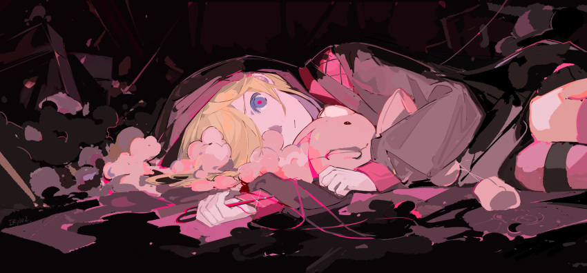 1girl :| absurdres black_hoodie blonde_hair blue_eyes closed_mouth colored_eyelashes expressionless fetal_position hair_over_one_eye highres holding holding_scissors holding_stuffed_toy hood hoodie hugging_object irple kagamine_rin long_hoodie looking_at_viewer lying neon_palette on_floor on_side patchwork_clothes project_diva_(series) red_pupils scissors scissors_(module) solo striped striped_thighhighs stuffed_animal stuffed_toy stuffing teddy_bear thigh-highs thread tokyo_teddy_bear_(vocaloid) trash vocaloid