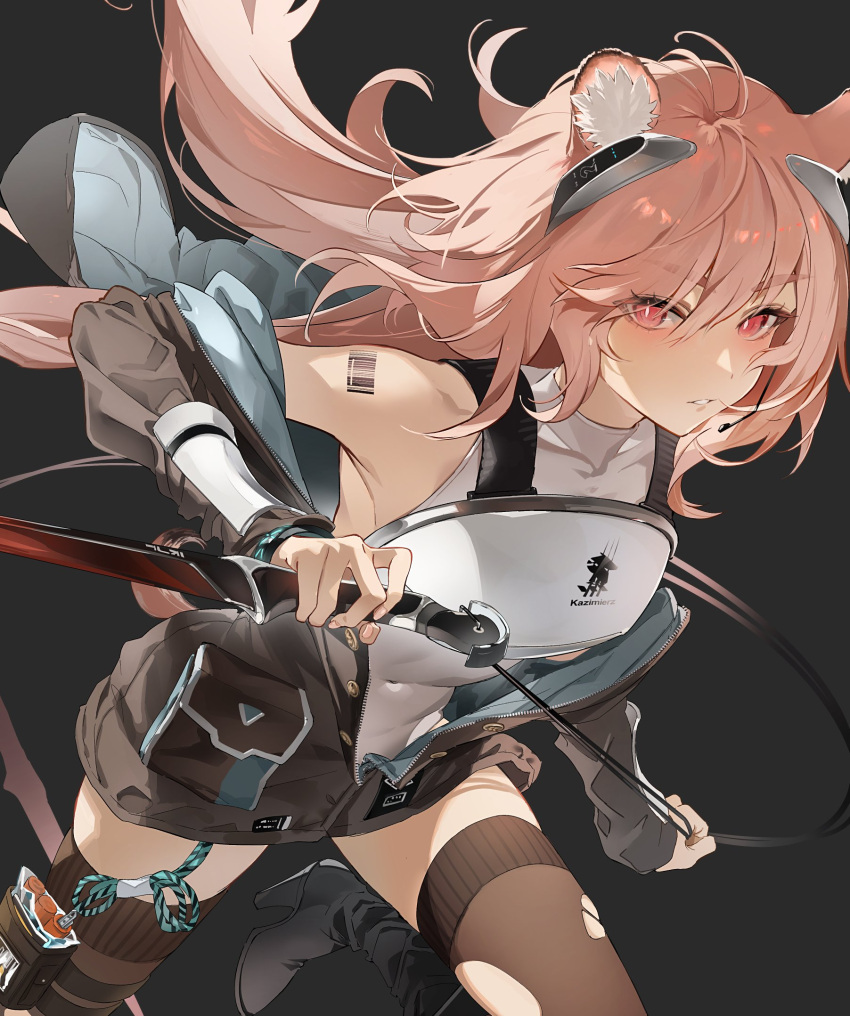 1girl animal_ear_fluff animal_ears arknights armor barcode barcode_tattoo bare_shoulders breastplate bright_pupils earpiece gravel_(arknights) guardless_sword highres holding holding_sword holding_weapon kingdom_of_kazimierz_logo leotard long_hair partial_bodysuit partially_unzipped piano_wire pink_hair prairie_dog_ears prairie_dog_girl prairie_dog_tail shoulder_tattoo simple_background standing standing_on_one_leg sword tattoo thigh-highs torn_clothes torn_thighhighs weapon white_leotard yuuki_uyu