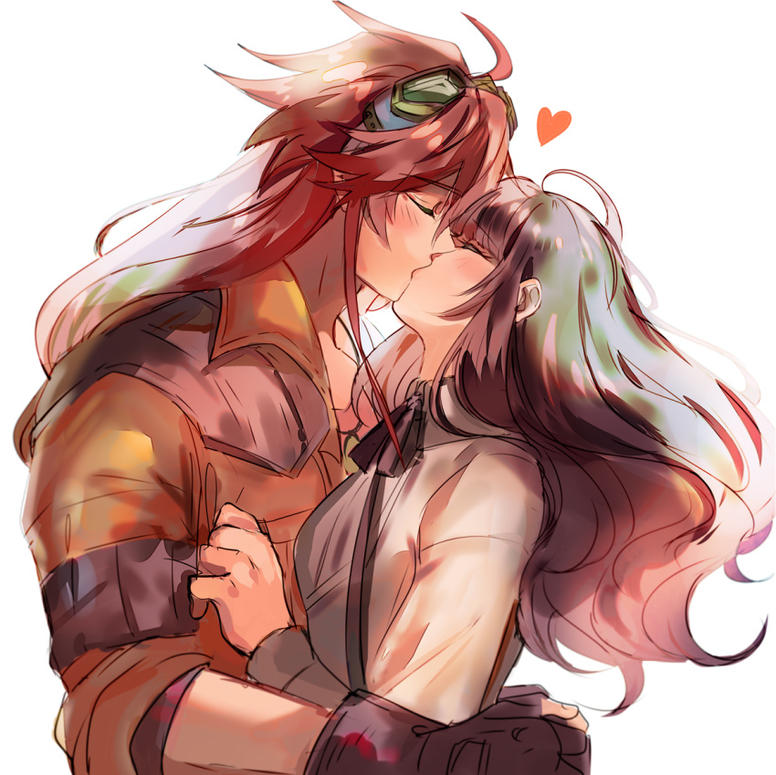 1boy 1girl ahoge black_gloves brown_hair cardia_beckford code:realize commentary fingerless_gloves gloves goggles goggles_on_head heart hetero hug impey_barbicane jacket kash-phia kiss long_hair long_sleeves redhead sleeves_rolled_up symbol-only_commentary upper_body white_background