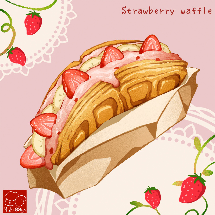 english_text food food_focus fruit highres napkin no_humans original still_life strawberry strawberry_slice waffle yuki00yo