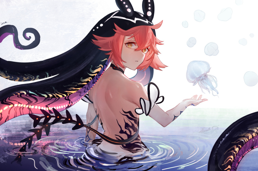 1girl artist_name bare_back bare_shoulders bioluminescence black_choker bright_pupils choker elbow_gloves from_behind gloves glowing hand_up highres ina_(pixiv) jellyfish looking_at_viewer monster_hunter:_world monster_hunter_(series) namielle parted_lips partially_submerged personification pink_hair ripples signature solo striped tentacle_hair water white_background white_pupils yellow_eyes