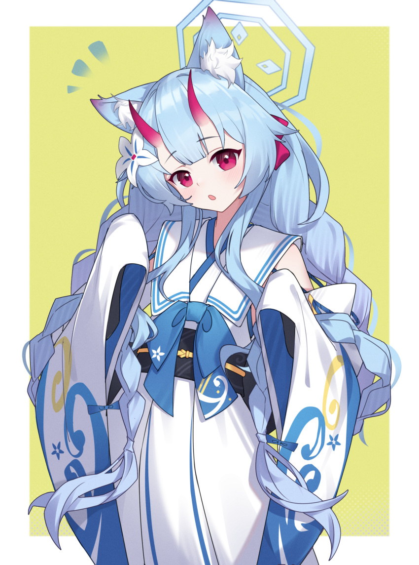 1girl animal_ear_fluff animal_ears bare_shoulders blue_archive blue_hair blue_halo blush braid cat_ears chise_(blue_archive) detached_sleeves flower hair_flower hair_ornament halo highres horns japanese_clothes kimono long_hair obi oni_horns open_mouth red_eyes red_horns sash solo teallysky twin_braids white_flower white_kimono white_sleeves wide_sleeves