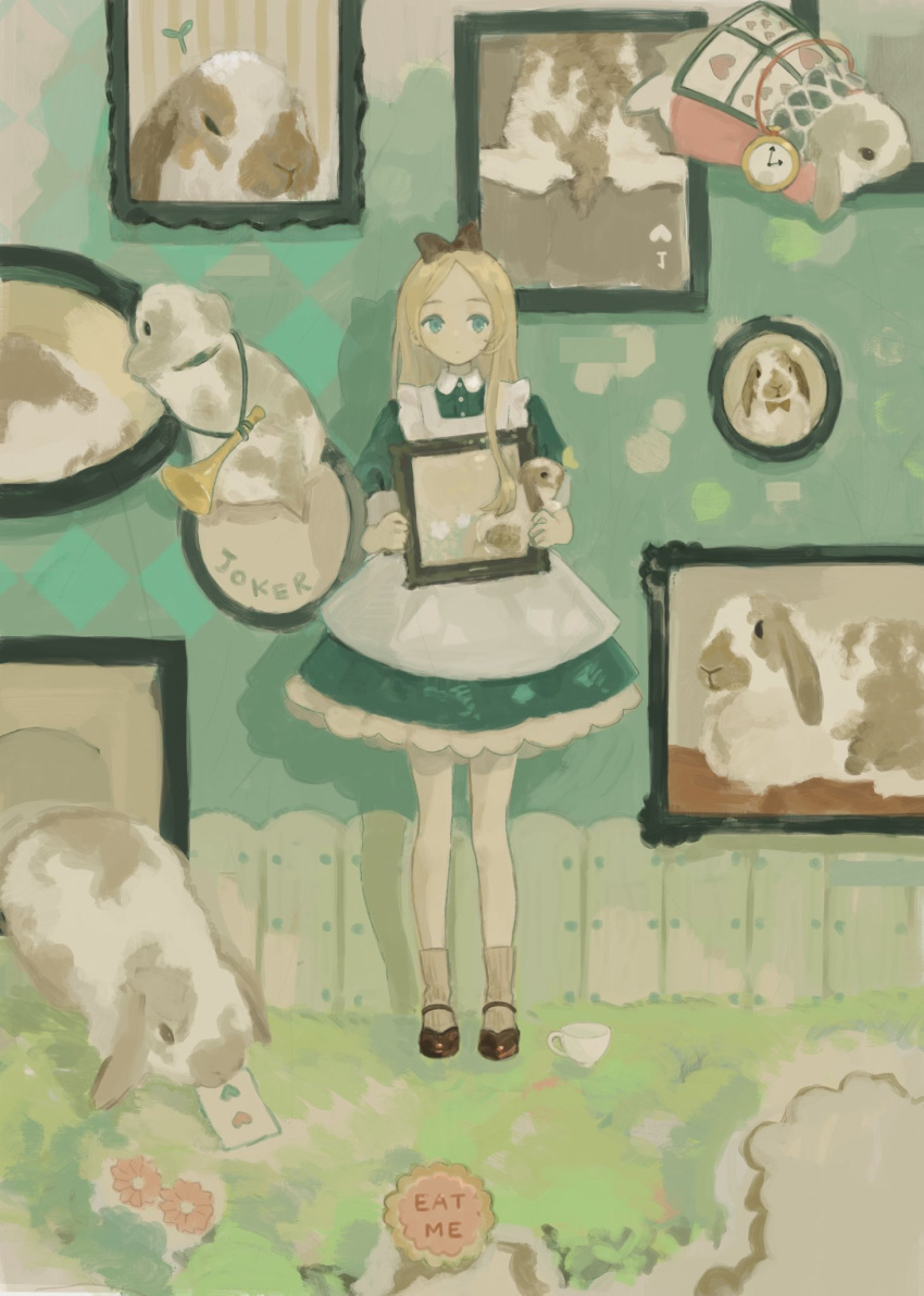 1girl alice_(alice_in_wonderland) alice_in_wonderland animal animal_ears apron black_bow black_footwear blonde_hair blue_dress blue_eyes bow bugle chisato_charme clothed_animal commentary_request cup dress english_text expressionless full_body grey_socks hair_bow highres holding_painting indoors instrument long_hair looking_to_the_side lop_rabbit_ears on_grass original picture_frame pocket_watch puffy_short_sleeves puffy_sleeves rabbit rabbit_ears shoes short_dress short_sleeves socks solo standing teacup through_painting wallpaper_(object) watch white_apron