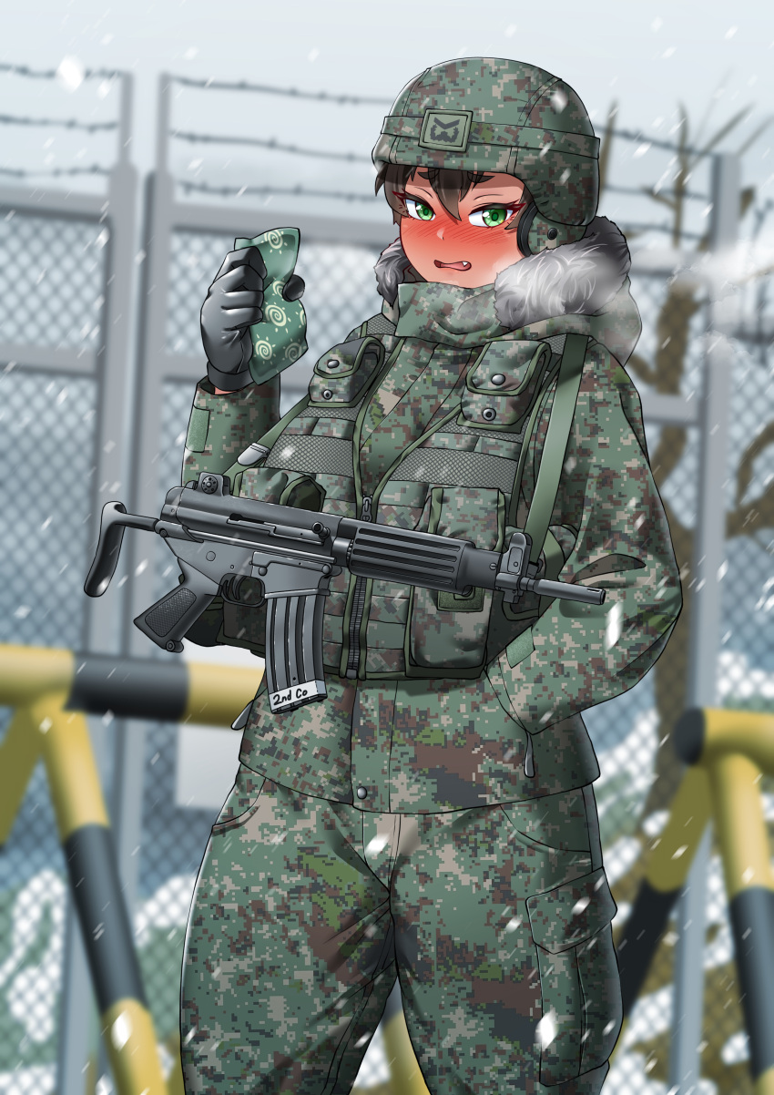 1girl absurdres ammunition_pouch assault_rifle barbed_wire black_gloves breasts breath brown_hair camouflage camouflage_jacket camouflage_pants chain-link_fence combat_helmet daewoo_k2 dark_skin ear_protection english_commentary engrish_commentary fang fence fur-trimmed_jacket fur_trim gloves green_eyes gun gun_sling hair_between_eyes hand_in_pocket hand_up hand_warmer helmet highres hitch_(perotoss) hood hooded_jacket jacket large_breasts load_bearing_vest open_mouth original paid_reward_available pants pouch republic_of_korea_army rifle short_hair snowing solo upper_body weapon