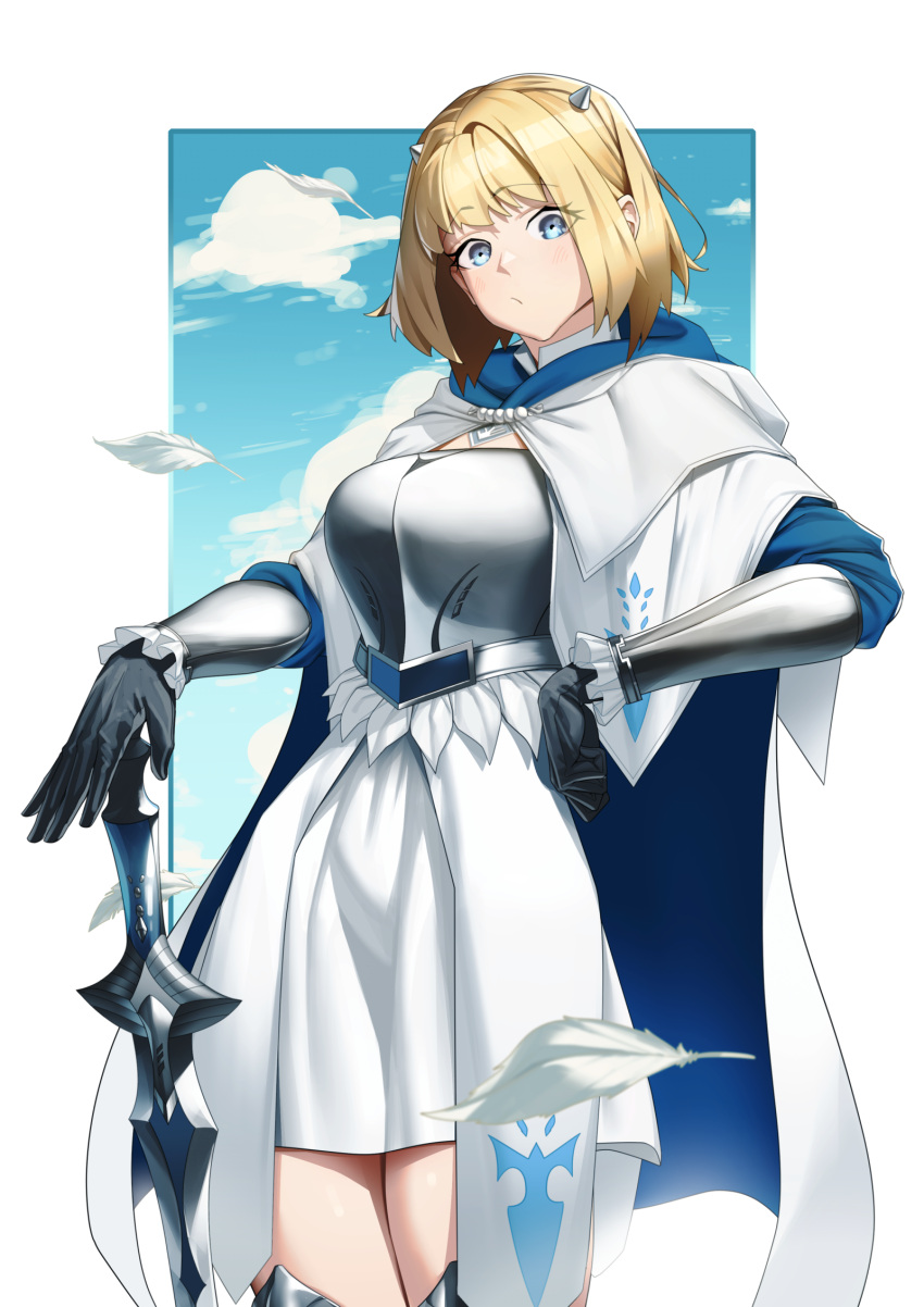 1girl blonde_hair blue_eyes brown_dust_2 chest_armor cloak clouds falling_feathers feet_out_of_frame gloves hand_on_own_hip head_tilt highres holding holding_sword holding_weapon hood hooded_cloak justia_(brown_dust) looking_at_viewer short_hair small_horns sword tamamoice thighs vambraces weapon white_cloak