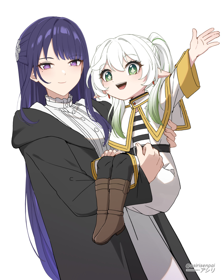 2girls :d absurdres asiri_senpai belt black_belt black_robe boots brown_footwear capelet carrying commentary cosplay dress fern_(sousou_no_frieren) fern_(sousou_no_frieren)_(cosplay) frieren frieren_(cosplay) genshin_impact gradient_hair green_hair highres long_hair long_sleeves looking_at_viewer multicolored_hair multiple_girls nahida_(genshin_impact) open_clothes open_mouth open_robe pointy_ears princess_carry purple_hair raiden_shogun robe shirt smile sousou_no_frieren twintails very_long_hair violet_eyes white_background white_dress white_hair white_shirt