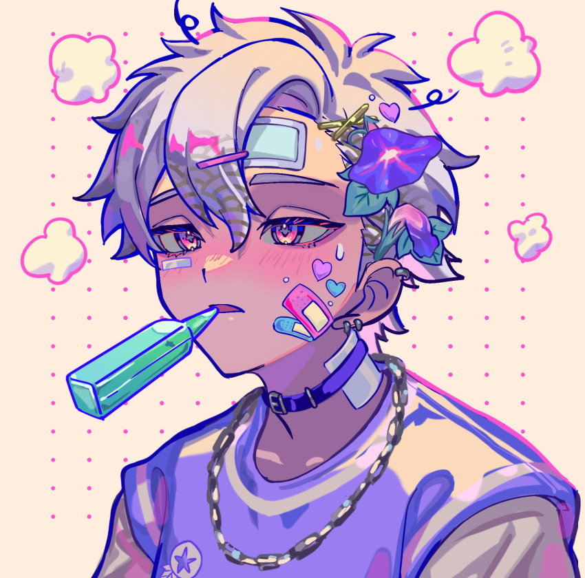 1boy bandaged_head bandaged_neck bandages bandaid bandaid_on_head blush bottle collar commentary_request earrings flower flower_request food_in_mouth gradient_eyes hair_flower hair_ornament haru4aki highres jewelry long_sleeves male_focus multicolored_eyes multiple_earrings necklace original parted_lips pink_eyes portrait purple_flower purple_shirt shirt sick simple_background solo sweat upper_body violet_eyes visible_air yellow_background