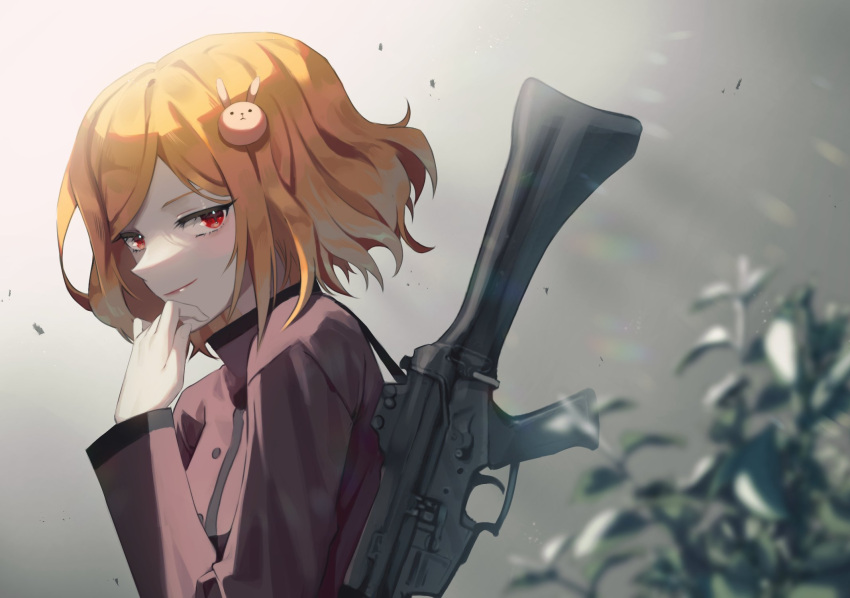 1girl assault_rifle buttons charlotte_(witch's_heart) from_side grey_background gun hair_ornament hand_to_own_mouth highres jacket lips long_sleeves looking_at_viewer looking_to_the_side medium_hair mometsu_033 orange_hair plant rabbit_hair_ornament red_eyes red_jacket rifle smile smirk solo swept_bangs upper_body weapon weapon_on_back witch's_heart