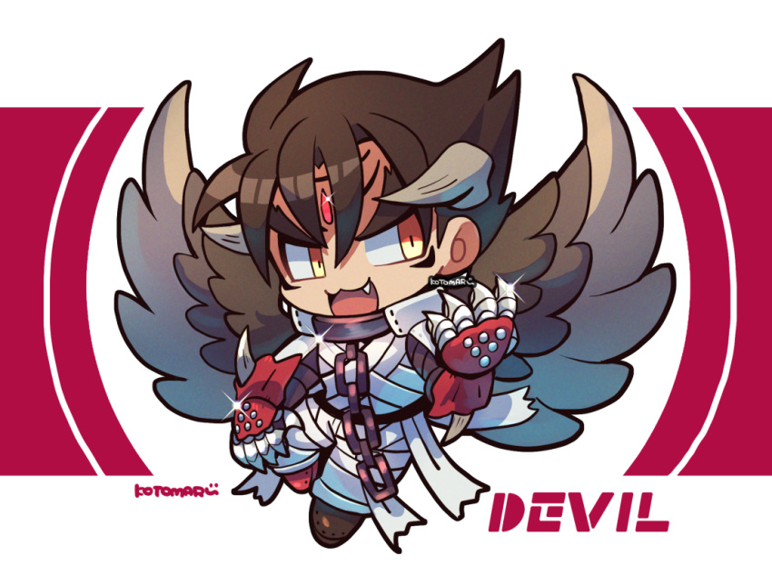 1boy :3 bandages brown_footwear brown_hair brown_wings chain character_name chibi claws devil_jin facial_mark fang forehead_jewel glint gloves grey_horns horns kazama_jin kotorai male_focus open_mouth red_gloves short_hair signature solo studded_gloves tekken wings yellow_eyes