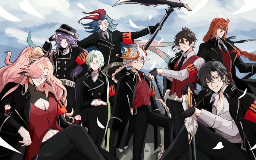 6+boys :&lt; :| ;) ahoge alternate_costume animal animal_ears animal_on_shoulder armband belt black_coat black_gloves black_hair black_headwear black_jacket black_necktie black_pants black_ribbon black_sclera blue_hair bow braid buttons cabbage_blossom_(the_tale_of_food) chili_oil_chicken_(the_tale_of_food) closed_mouth clothed_animal clouds coat coat_on_shoulders collared_coat collared_shirt colored_sclera cow_ears cow_horns cowlick curtained_hair day double-breasted earrings expressionless falling_petals fang feather_earrings feathers feet_out_of_frame fingerless_gloves flipped_hair glasses gloves gradient_hair green_eyes green_hair grey_belt grin group_picture h_haluhalu415 hair_between_eyes hair_over_one_eye hair_over_shoulder hair_ribbon hair_slicked_back hand_on_hilt hand_up hands_in_pockets hat hat_bow highres holding holding_scythe holding_stick holding_sword holding_weapon horns jacket jacket_on_shoulders jacket_over_shoulder jewelry kung_pao_chicken_(the_tale_of_food) long_hair long_sleeves looking_at_viewer low-braided_long_hair low-tied_long_hair male_focus mapo_tofu_(the_tale_of_food) midriff monocle multicolored_eyes multicolored_hair multiple_boys necktie no_shirt one_eye_closed open_clothes open_coat open_collar orange_hair outstretched_arms own_hands_together panda pants parted_bangs parted_lips pectoral_cleavage pectorals petals pink_eyes pink_hair planted planted_sword porkpie_hat purple_hair red_shirt red_vest redhead ribbon rock round_eyewear scythe serious shirt short_hair shredded_jerky_(the_tale_of_food) shrug_(clothing) sichuan_hotpot_(the_tale_of_food) single_braid single_earring sitting sleeve_cuffs smile standing stepping stick streaked_hair sword the_tale_of_food two-tone_hair uniform unworn_jacket very_long_hair vest violet_eyes weapon white_belt white_bow white_hair white_shirt wide_ponytail yellow_eyes yuxiang_pork_(the_tale_of_food)