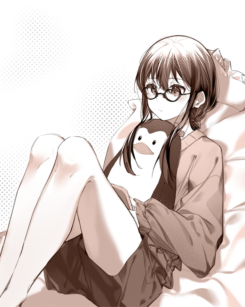 1girl absurdres chinese_commentary closed_mouth commentary_request dkl_(dinosaurkl2) glasses highres hugging_object inoue_takina long_sleeves lycoris_recoil monochrome pillow shorts sidelocks sitting solo sweater