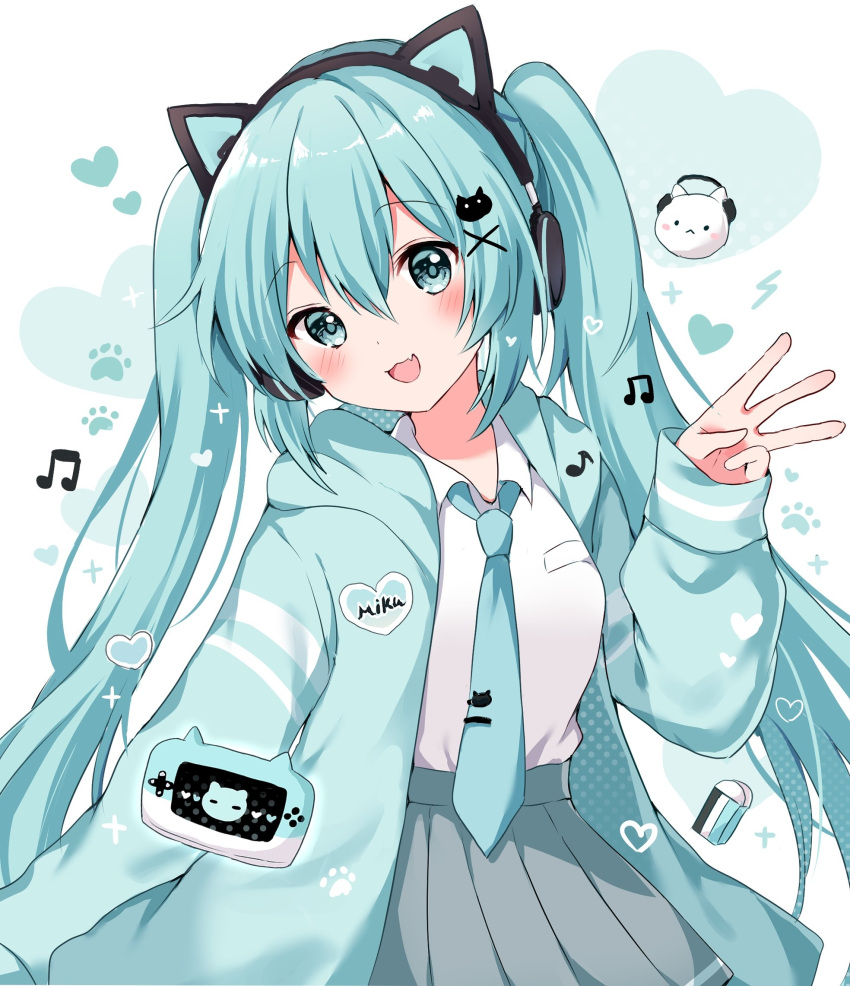 1girl :3 animal_ear_headphones animal_ears blue_eyes blue_hair blush cat cat_ear_headphones cat_hair_ornament character_name collared_shirt eraser fake_animal_ears fang hair_ornament hairclip hand_up handheld_game_console hatsune_miku headphones heart highres hood hoodie kokoshira_0510 long_hair long_sleeves looking_at_viewer musical_note open_mouth paw_print pleated_skirt school_uniform shirt skirt smile solo twintails very_long_hair vocaloid w x_hair_ornament