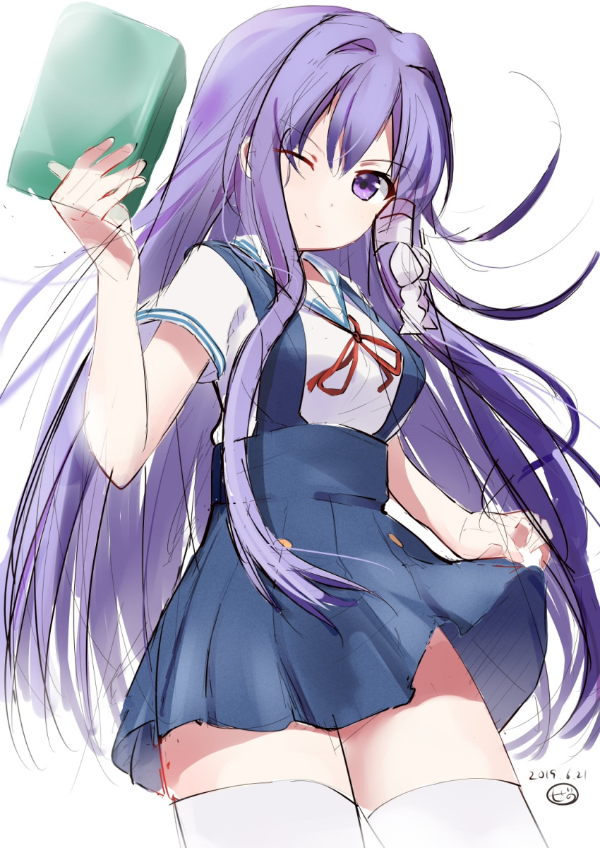1girl 2019 ;) arm_at_side blue_skirt book clannad closed_mouth commentary dated from_below fujibayashi_kyou hair_between_eyes hair_ribbon hand_up high-waist_skirt highres hikarizaka_private_high_school_uniform holding holding_book long_hair looking_at_viewer one_eye_closed purple_hair red_ribbon ribbon sailor_collar school_uniform serafuku shirt sidelocks signature sketch skirt smile solo split_mouth standing straight_hair summer_uniform suspender_skirt suspenders thigh-highs tress_ribbon very_long_hair violet_eyes white_ribbon white_sailor_collar white_shirt white_thighhighs zenoo zettai_ryouiki