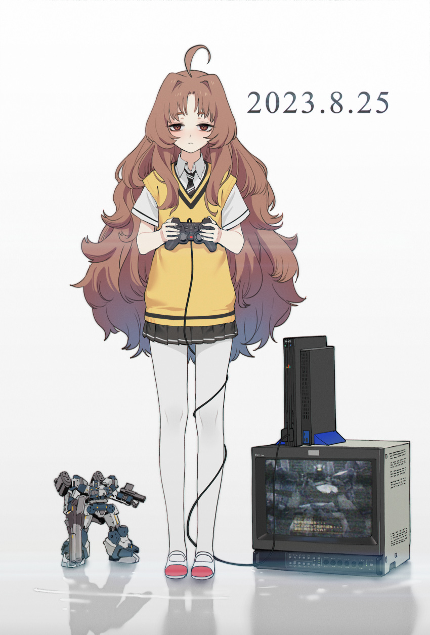 1girl :| absurdres action_figure ahoge armored_core brown_eyes brown_hair character_request closed_mouth controller copyright_request crt curly_hair dated dot_nose expressionless full_body game_console game_screenshot_inset highres holding holding_controller long_hair looking_at_viewer necktie pantyhose parted_bangs playstation_2 pleated_skirt reflective_floor shirt shitakirisuzu shoes short_sleeves skirt solo straight-on striped_necktie uwabaki very_long_hair vest white_background white_pantyhose white_shirt yellow_vest you're_doing_it_wrong