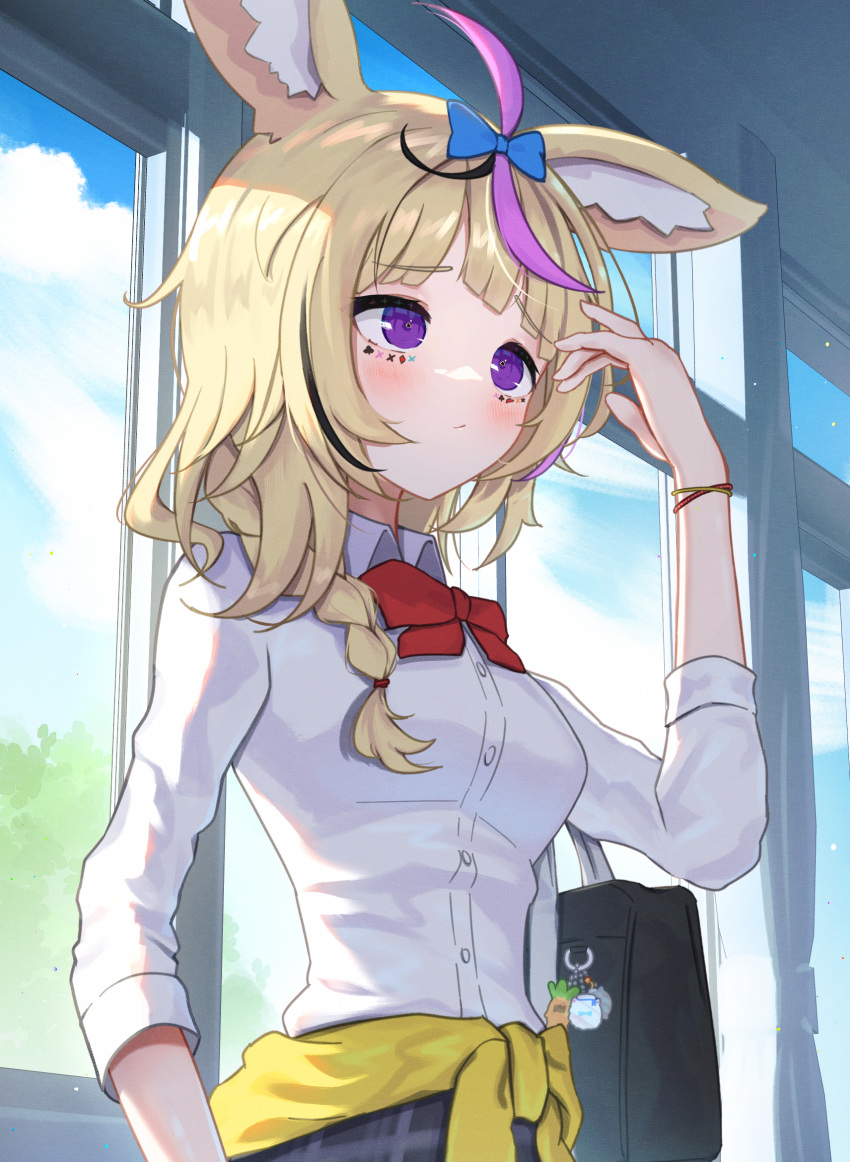 1girl ahoge alternate_costume animal_ear_fluff animal_ears ao_ne bag bag_charm black_hair blonde_hair blue_bow blush bow bowtie braid charm_(object) closed_mouth club-shaped_pupils collared_shirt commentary_request cowboy_shot day dress_shirt facial_mark fox_ears fox_girl fox_tail hair_bow hair_over_shoulder hand_up highres hololive indoors long_hair multicolored_hair omaru_polka pink_hair red_bow red_bowtie school_bag school_uniform shirt side_braid single_braid sleeves_past_wrists solo standing streaked_hair symbol-shaped_pupils tail violet_eyes virtual_youtuber white_shirt window